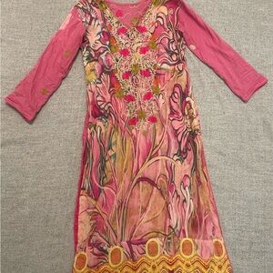 Ethnic kurta dress Size S ~ Pink Embroidered Maxi Dress Traditional Small(4 - 6)